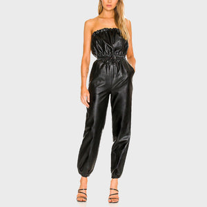 Classy Black Pull-on Leather Jumpsuit for Women