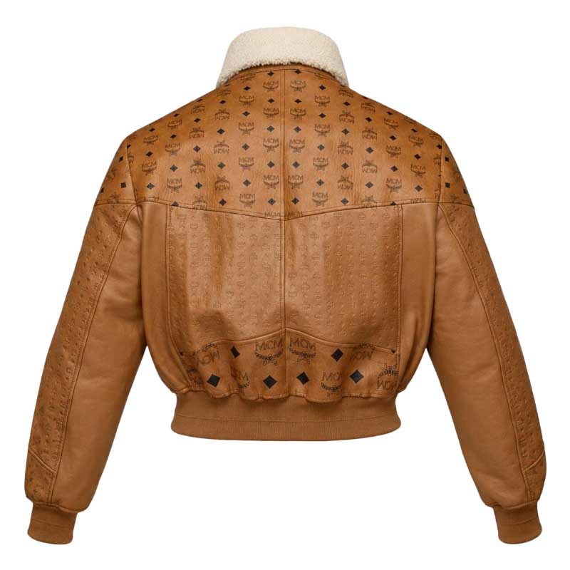 Unisex cognac lambskin aviator jacket with monogram-style leather pattern