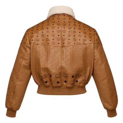 Unisex cognac lambskin aviator jacket with monogram-style leather pattern