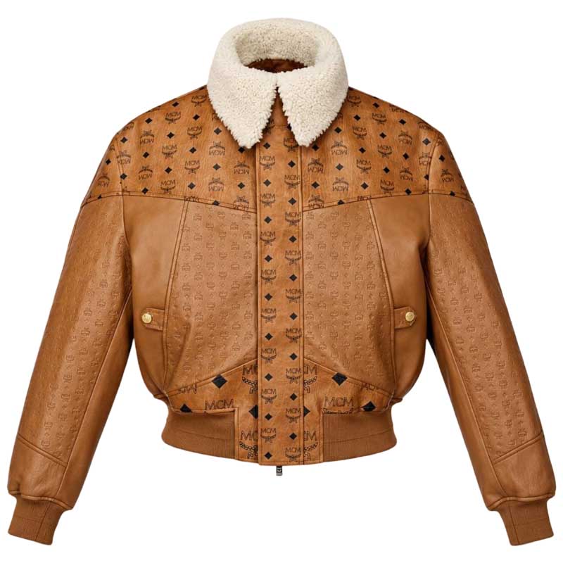 Cognac brown shearling bomber jacket with contrasting white collar front view