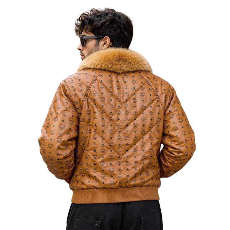 Brown leather-look bomber jacket with all-over monogram pattern