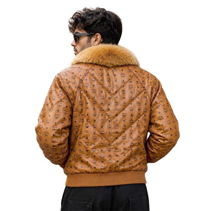 Brown leather-look bomber jacket with all-over monogram pattern