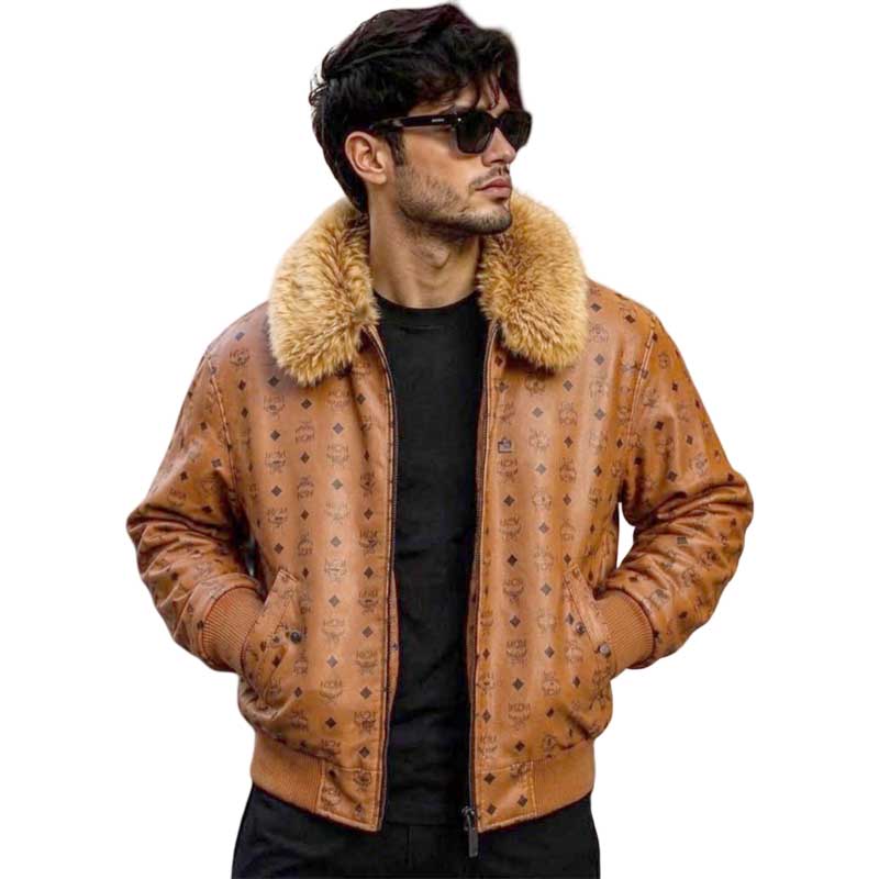 Cognac brown monogram bomber jacket with plush collar front view