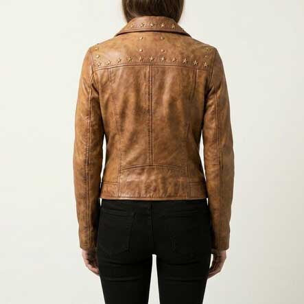 Quilted cognac moto leather jacket with premium YKK zipper closure