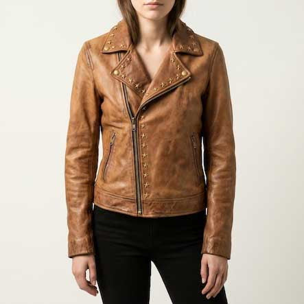 Front view of cognac star stud leather biker jacket with quilted shoulder detail - 3amoto shop