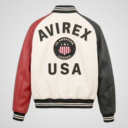 multi-color genuine leather varsity bomber jacket
