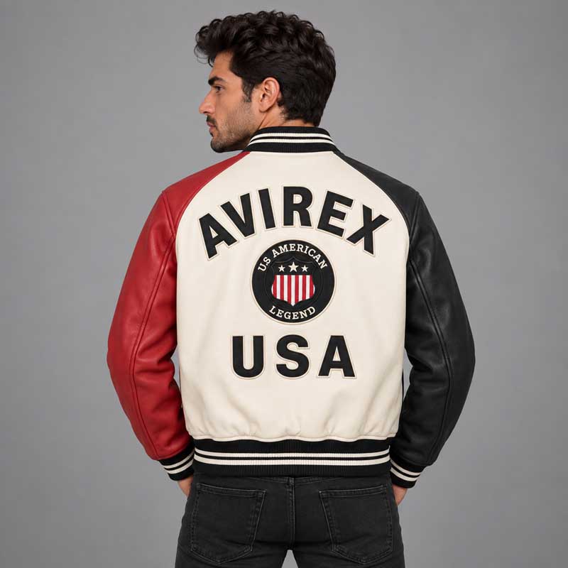 Handmade color block leather varsity jacket with multi-color panels