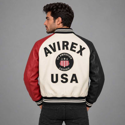 Handmade color block leather varsity jacket with multi-color panels