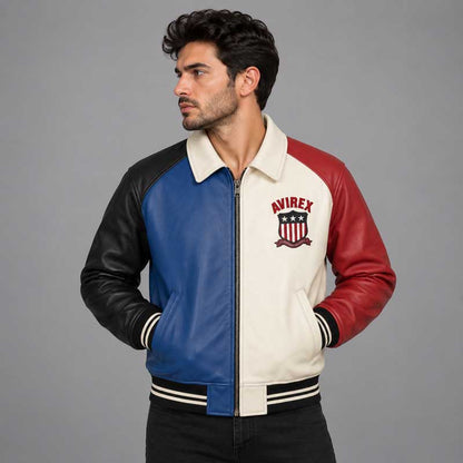 Handmade color block leather varsity jacket with multi-color panels