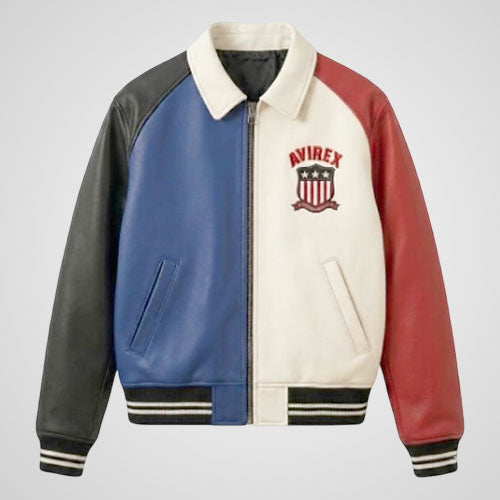 Handmade color block leather varsity jacket with multi-color panels
