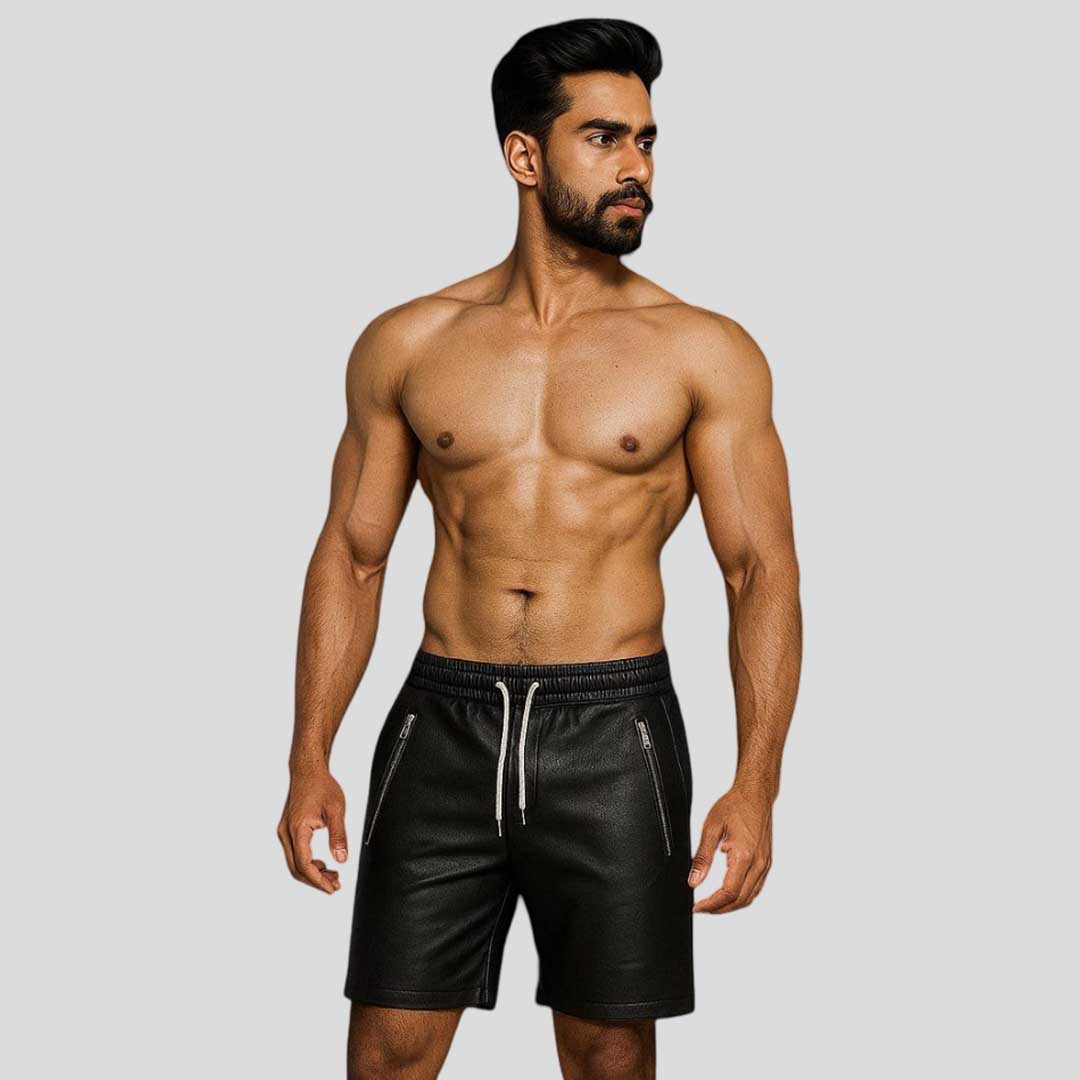 Black Cowhide Leather Biker Short for Men