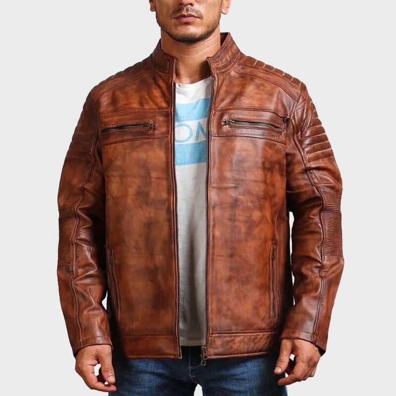 Close up detail of genuine cowhide leather texture on cafe racer jacket