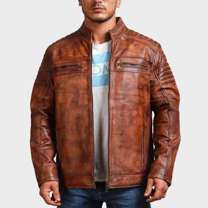 Close up detail of genuine cowhide leather texture on cafe racer jacket