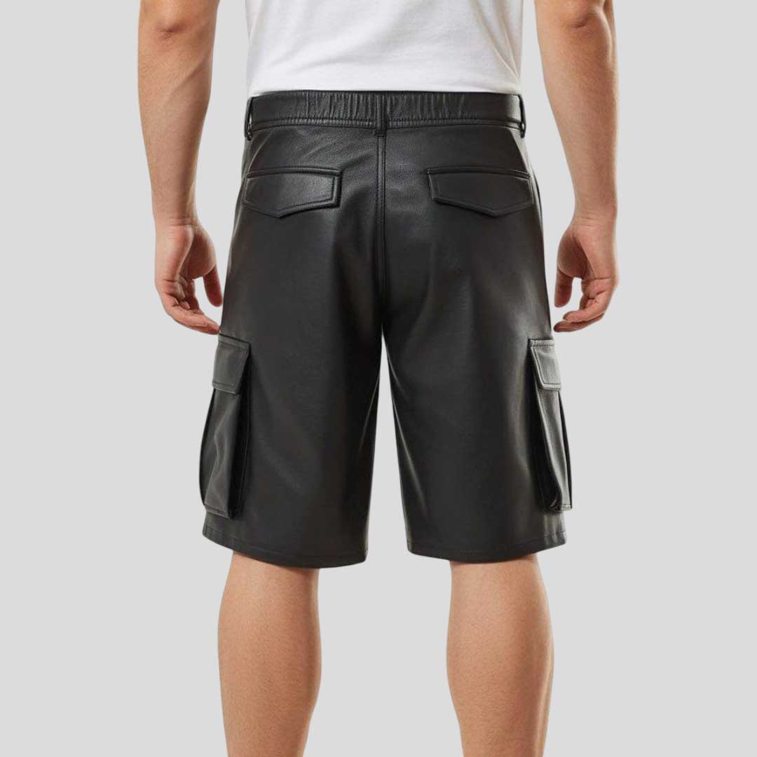 Black Cowhide Leather Cargo Short for Biker Streetwear Style