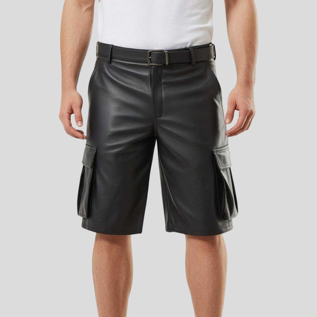 Black Cowhide Leather Cargo Short for Biker Streetwear Style