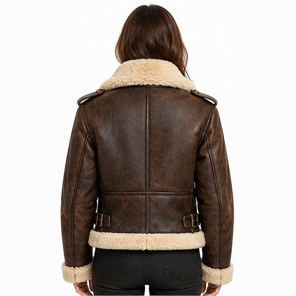 Custom leather pilot jacket back view featuring distressed brown sheepskin leather, a classic B3 bomber silhouette, and shearling-trimmed hem.