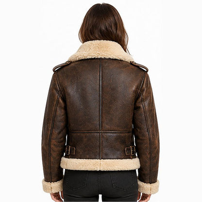 Custom leather pilot jacket back view featuring distressed brown sheepskin leather, a classic B3 bomber silhouette, and shearling-trimmed hem.