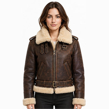 Custom women's leather pilot jacket front view with genuine sheepskin leather, thick cream shearling lining, and functional shoulder epaulettes.