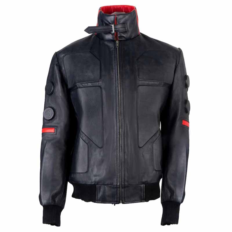 Men Black Leather Bomber Jacket with Cyberpunk 2077 Jackie Welles Inspired Design