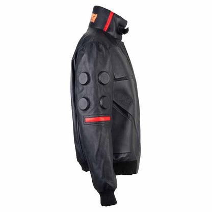 Men Black Leather Bomber Jacket with Cyberpunk 2077 Jackie Welles Inspired Design
