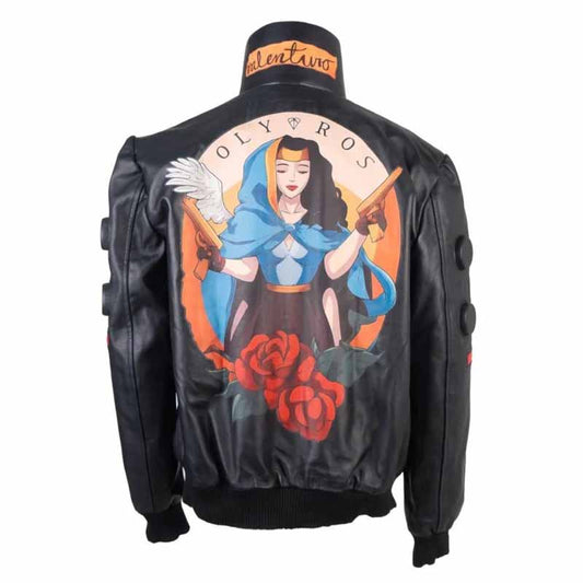 Men Black Leather Bomber Jacket with Cyberpunk 2077 Jackie Welles Inspired Design - 3amoto shop