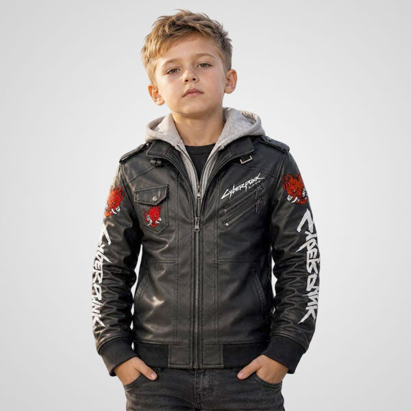 Cyberpunk 2077 Samurai kids leather jacket with hood