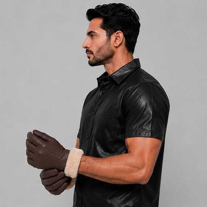Luxury dark brown leather glove stitching detail closeup