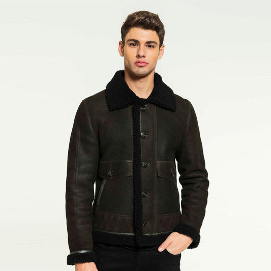 Dark Green & Black Aviator Shearling Jacket - Fashion Leather Jackets USA - 3AMOTO