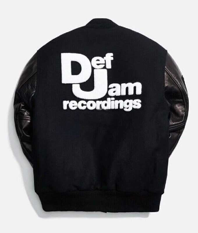 Men's Def Jam-inspired black wool varsity jacket with genuine cowhide leather sleeves.