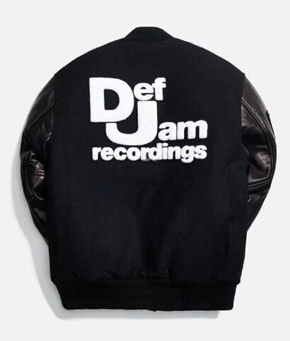 Men's Def Jam-inspired black wool varsity jacket with genuine cowhide leather sleeves.