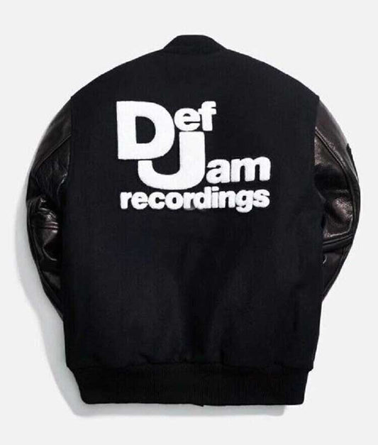 Men's Def Jam-inspired black wool varsity jacket with genuine cowhide leather sleeves. - 3amoto shop