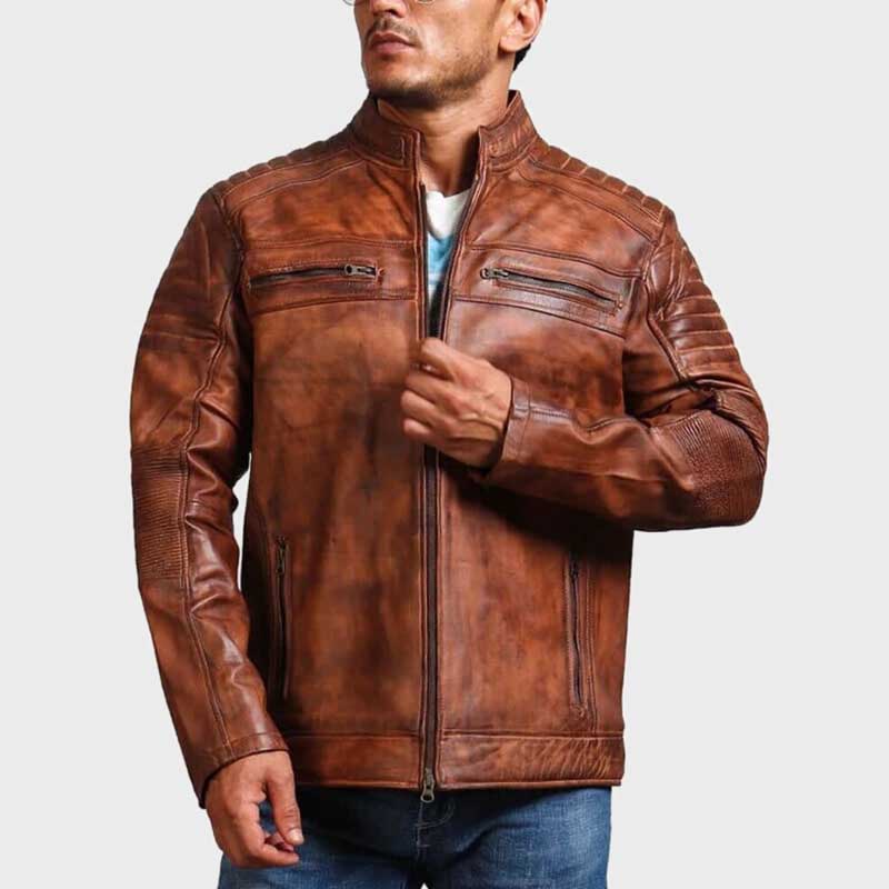 Zipper closure detail on distressed brown cowhide leather jacket
