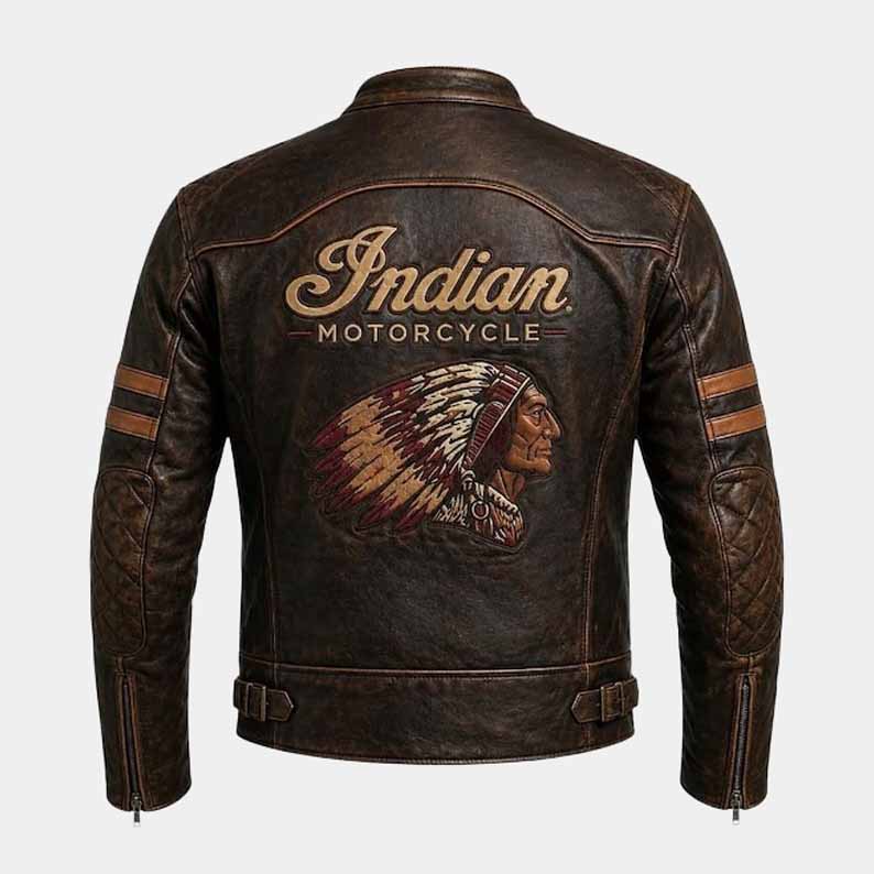 distressed brown leather motorcycle jacket with embroidered Indian Motorcycle logos