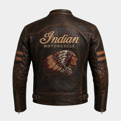 distressed brown leather motorcycle jacket with embroidered Indian Motorcycle logos