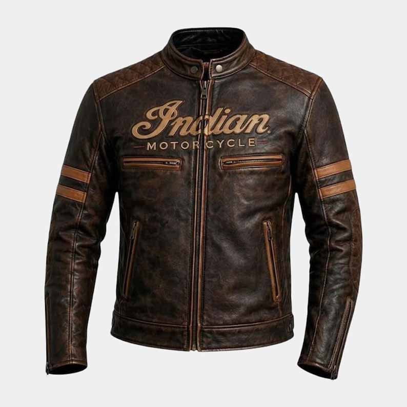 Men's distressed brown Indian Motorcycle jacket made from genuine cowhide leather with CE protection