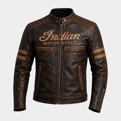 Men's distressed brown Indian Motorcycle jacket made from genuine cowhide leather with CE protection