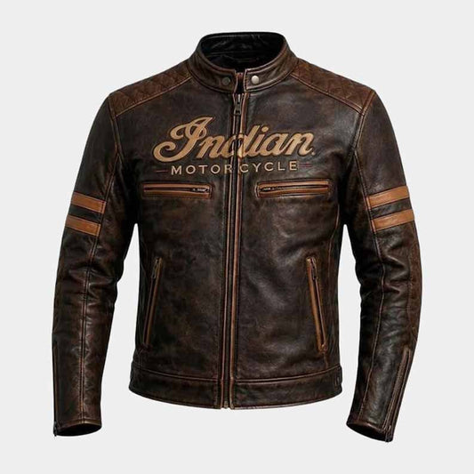 Men's distressed brown Indian Motorcycle jacket made from genuine cowhide leather with CE protection - 3amoto shop