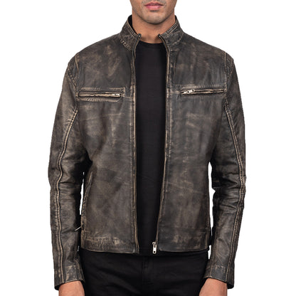 Distressed Brown Leather Biker Jacket - Motorcycle Jacket