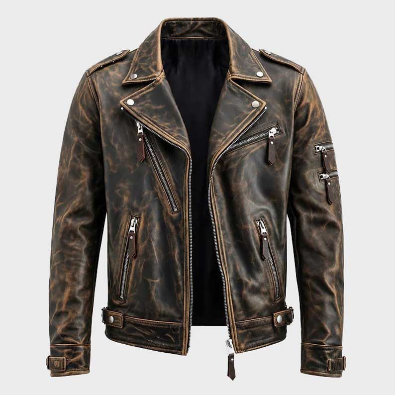 Classic moto leather jacket featuring multiple functional zipper pocket