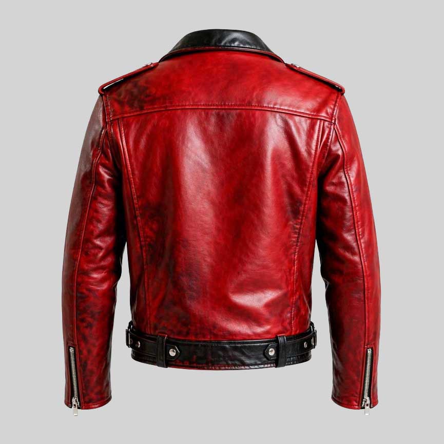 Back view of distressed motorcycle leather jacket in red and black finish