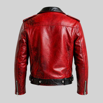 Back view of distressed motorcycle leather jacket in red and black finish