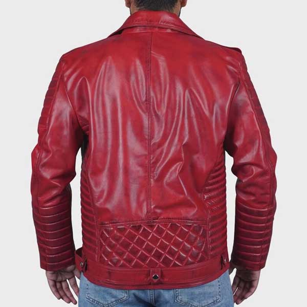 Distressed red moto leather coat styled for streetwear and riding fashion