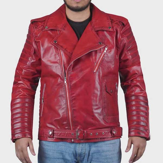 Front view of distressed red slim fit leather moto jacket with quilted shoulder design - 3amoto shop