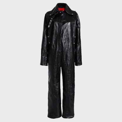 Elite Textured Black Leather Women's Jumpsuit