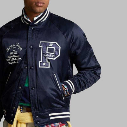 embroidered P patch detail on varsity jacket
