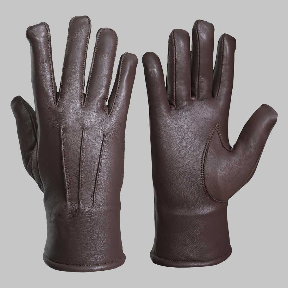 Soft faux fur lining inside dark brown leather winter glove