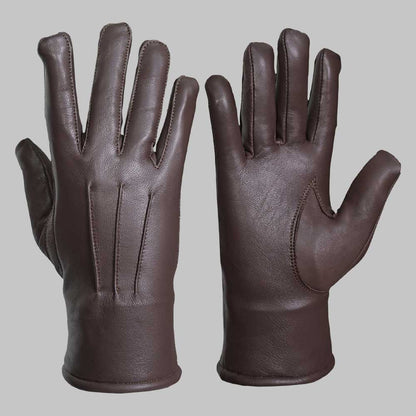 Soft faux fur lining inside dark brown leather winter glove