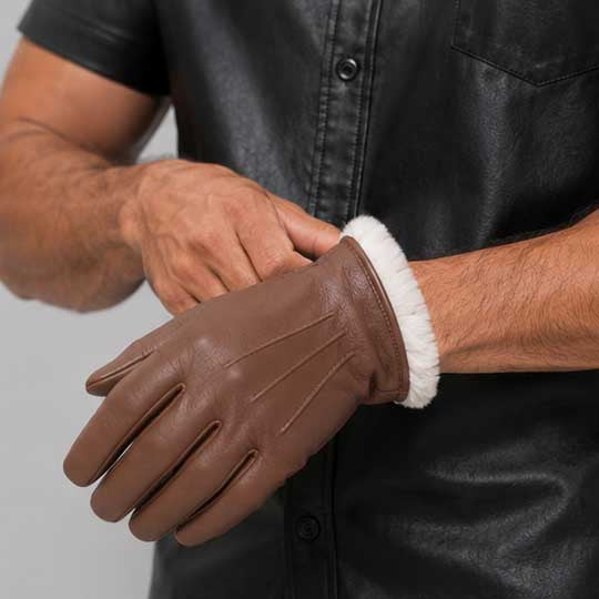 Genuine brown winter leather glove designed for riding and travel