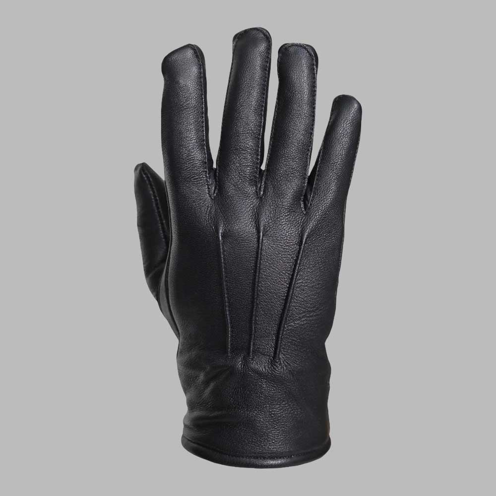 Faux fur lined black leather glove with durable stitched construction