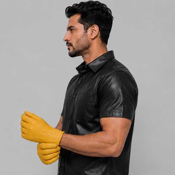 Faux fur lined yellow leather glove with durable stitched construction